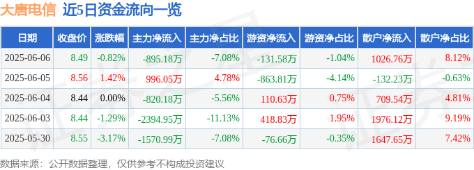 股票行情快报：大唐电信（600198）6月6日主力资金净卖出895.18万元